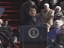 Maya Angelou at speaker podium for Bill Clinton's inauguration in 1992.